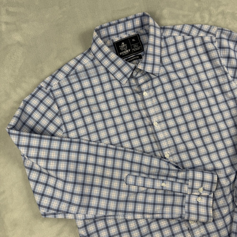 Rugby University Men's Blue White Plaid Stretch Long Sleeve Button Down Shirt XL - Picture 3 of 9